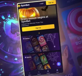 SpinBet mobile casino interface with Halloween-themed promotions and slot games